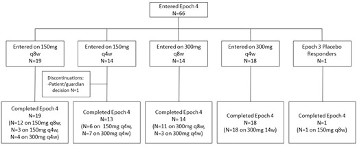 Patient flow diagram showing treatment regiments at the beginning and the end of Epoch 4