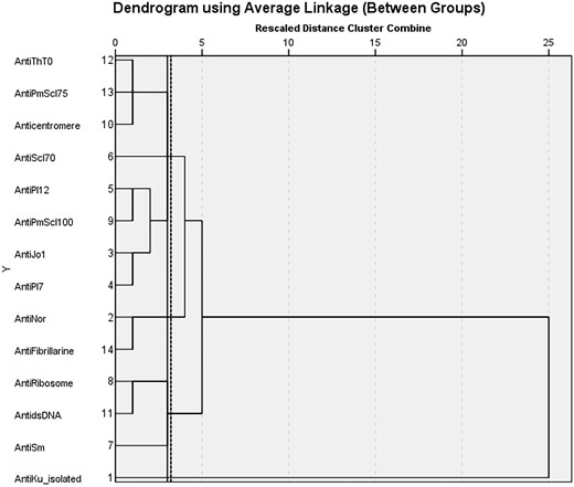 Hierarchical cluster analysis of ANA specificities in anti-Ku+ patients