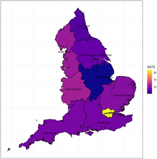 Choropleth map showing Kawasaki disease rates by region (rates per 100 000 patient-years). Colour version available online