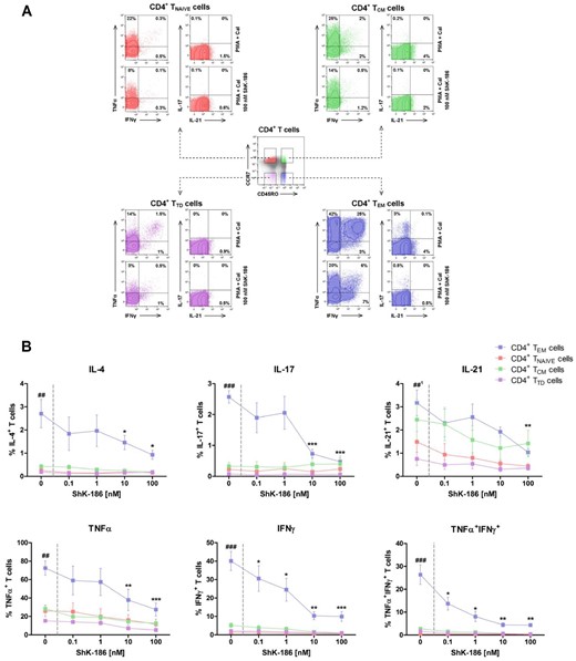 ShK-186 inhibits the pro-inflammatory cytokine production of CD4+TEM cells. CD4+T cells subsets (i.e. CD4+TNAIVE, CD4+TCM, CD4+TEM and CD4+TTD cells) were isolated from peripheral blood mononuclear cells of HCs followed by stimulation with PMA and CaI with and without increasing concentrations of ShK-186. Intracellular IL-4, IL-17, IL-21, TNFα and IFNγ cytokine production in the CD4+T cell subsets was analysed using flow cytometry. (A) Representative flow cytometry dot plots of CD4+T cells subsets based on surface expression of CD45RO and CCR7 (centre dot plot), and the cytokine expression within CD4+TNAIVE cells (upper left, red), CD4+TCM cells (upper right, green), CD4+TTD cells (lower left, purple) and CD4+TEM cells (lower right, blue) after stimulation in the presence and absence of ShK-186 from a HC. (B) Percentages of intracellular cytokine production in CD4+TNAIVE cells (red symbol and line), CD4+TCM cells (green symbol and line), CD4+TTD (purple symbol and line) and CD4+TEM cells (blue symbol and line) after stimulation in the presence and absence of ShK-186 from HCs (n = 5). Data represent mean values ± SEM. ##P < 0.01 and ###P < 0.001 indicate CD4+TEM cells vs CD4+TNAIVE cells, CD4+TCM cells and CD4+TTD cells. *P < 0.05, **P < 0.01, ***P < 0.001 indicate CD4+TEM cells with vs without ShK-186. ##: IL-21 production in CD4+ TEM cells is only significantly different compared with CD4+TNAIVE and CD4+TTD cells and not significantly different compared with CD4+TCM cells. GPA: granulomatosis with polyangiitis; HC: healthy control; PMA: phorbol myristate acetate; CaI: calcium ionophore; CD4+ TCM: CD4+ central memory T cells; CD4+ TEM: CD4+ effector memory T cells; CD4+ TNAIVE: CD4+ naive T cells; CD4+ TTD: CD4+ terminal differentiated T cells