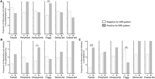 Relationships between MRI findings and inflammatory cell infiltration in (A) the endomysium, (B) the perimysium, and (C) the fasciae. The grey bar or white bar represents the percentage of patients presenting inflammatory cell infiltration with or without corresponding MRI patterns indicated below, respectively. The P-values are derived from Fisher’s exact test. *P < 0.05, **P < 0.01, ***P < 0.001