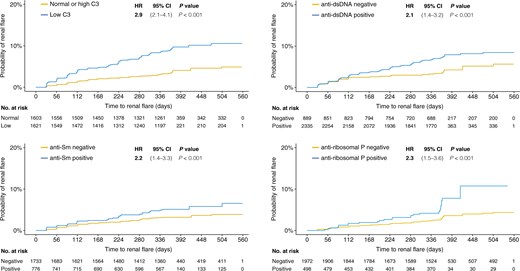 Renal flares over time. The figure depicts the time to renal flare in distinct patient subgroups i.e. patients with low levels of C3 at baseline compared with patients with normal/high C3 levels (A), patients with positive anti-dsDNA antibody levels compared with patients who never tested positive for anti-dsDNA during follow-up (B), patients with positive anti-Sm antibody levels compared with patients who never tested positive for anti-Sm during follow-up (C), and patients with positive anti-ribosomal P protein antibody levels compared with patients who never tested positive for anti-ribosomal P protein autoantibodies during follow-up (D). Hazard ratios (HRs) and 95% CIs derive from univariable proportional hazards (Cox) regression analysis. C3: complement component 3; Sm: Smith