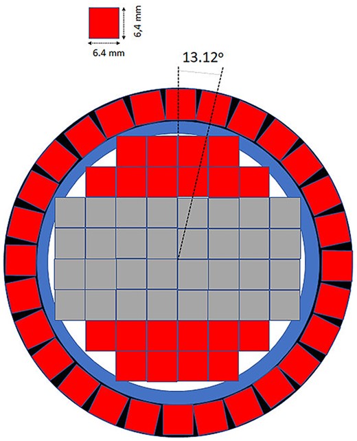 Schematic view of the cross-section of the first prototype of a detector for BNCT monitoring system based on the LaBr3:Ce:Sr scintillator with the position-sensitive light readout. Red squares show single silicon photomultipliers, whereas the gray ones represent their matrices. Blue and black colors show the mechanical support for the anti-Compton shield and the crystal casing, respectively.