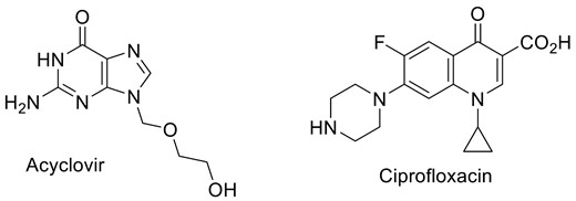 Chemical structures of acyclovir and ciprofloxacin.