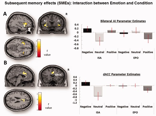 ROI analysis for memory-related Emotion × Orienting condition interaction. Mean parameter estimates, extracted and averaged across all the voxels in each ROI for each participant, are plotted for each task condition. (A) Bilateral AI (SVC FDR < 0.05, k > 10 contiguous voxels) and (B) dACC regions showing emotional SMEs in the ISO condition than in the EPO condition (SVC FDR < 0.05, k > 10 contiguous voxels; see Table 4 for coordinates). Error bars denote standard error.