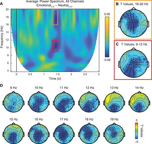 Neural response to emotional vs neutral PLDs, controlling for low-level visual properties. (A) Time-frequency plot of average power spectrum from 4 to 20 Hz across all 128 channels for the double subtraction of (EmotionalCoherent – EmotionalScrambled) – (NeutralCoherent – NeutralScrambled). Within the time window of ∼1.3–1.5 s after stimulus onset, we identified two major suppression effects in the alpha (9–12 Hz, red box) and central beta (16–20 Hz, orange box) frequency bands. (B–C) Statistical analysis using paired samples t-test revealed significant suppression effects (P < 0.01, permutation-corrected) in the beta (B) and alpha (C) frequency bands at frontocentral and centroparietal/occipital sites, respectively, as indicated by black dots. (D) Scalp plots of significant t values across all frequencies from 4 to 20 Hz, 1.3 to 1.5 s after stimulus onset. This less constrained statistical test across all frequencies found major effects between 9 and 20 Hz, in line with the targeted results from alpha and beta bands.