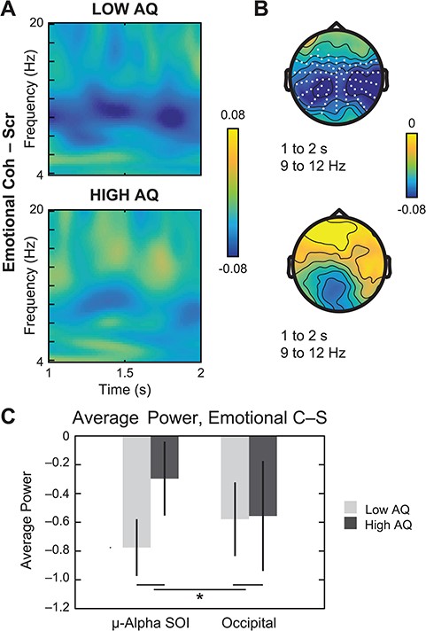 Neural response to emotional PLDs median-split by AQ. (A) Simple comparison of EmotionalCoherent – EmotionalScrambled in participants with population-typical scores (‘Low AQ’, top) vs autistic tendencies (‘High AQ’, bottom). Across the time window from 1 to 2 s, suppression effects in the alpha band (9 to 12 Hz) are more pronounced in the low-AQ subgroup. (B) Paired samples t-tests in the 9–12 Hz frequency range for the low-AQ group (top) revealed significant suppression effects across central, temporal and parietal sites (white dots, permutation-corrected P < 0.005), whereas suppression over occipital sensors was not significant in the high-AQ subgroup (bottom). (C) Direct comparison of average power from 9 to 12 Hz and 1 to 2 s at sensors associated with the main effect of coherent–scrambled (‘μ-Alpha SOI’) vs occipital sites for low vs high AQ. Error bars indicate standard error of the mean.