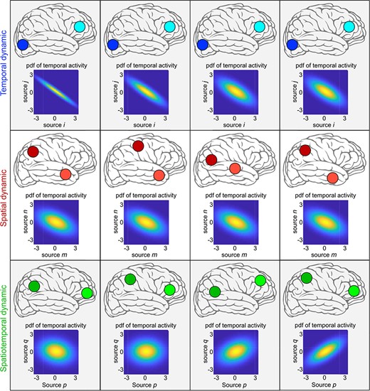 Example of temporal, spatial and spatiotemporal dynamic with a scenario that the brain has only two functional sources. The brain is temporally dynamic if the temporal coupling between the temporal activity of sources varies over time. The brain is spatially dynamic if the spatial properties of sources change over time (e.g. translations of sources in space). If functional sources hold both spatially and temporally dynamic properties, it is spatiotemporally dynamic.