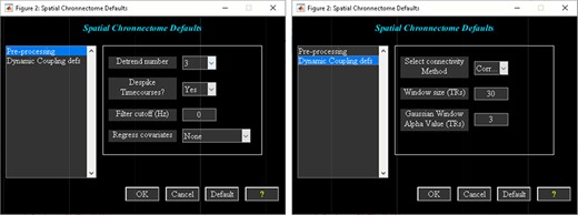 Spatial chronnectome defaults menu. Left: preprocessing options; Right: dynamic coupling prefs options.