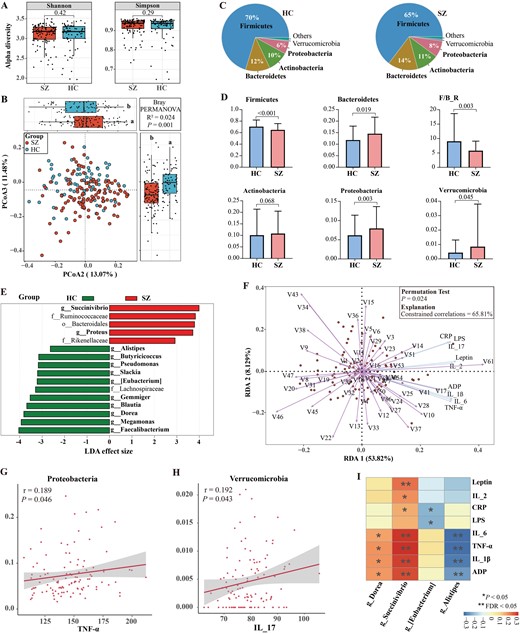 Characterization of gut microbial structure in SZ patients and its relationships with inflammatory cytokines. (A) Box plots showed no significant differences in α-diversity indices (Shannon and Simpson) between the SZ and HC groups. (B) The PCoA of β-diversity based on bacterial distribution at the genus level by Bray–Curtis algorithm showed significant differences in gut taxonomic composition between the SZ and HC groups. (C and D) Comparison of the overall composition and relative abundance of the bacterial community between the 2 groups at the phylum level. (E) 12 key differential microbial genera were confirmed between the 2 groups. Wilcoxon rank sum test, LDA scores >2.0 and P < .05. (F) RDA showed core bacteria at the genus level were strongly associated with inflammatory cytokines. V1-V86 represent the taxonomy ID of genus-level bacteria. (G and H) Spearman correlation analysis of the key microbial taxa at phylum and inflammatory cytokines. (I) Spearman correlation analysis of the key microbial taxa and inflammatory cytokines. The intensity of color represents correlation coefficient, red and blue represent negative and positive correlations, respectively. False discovery rate (FDR) was applied to correct multiple testing.