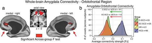 Relationship between amygdala connectivity and age across samples. Given that age is a key between-group difference variable across the 4 examined samples, we conducted a follow-up validity check analysis to ensure that age is not significantly related to any of the main between-group effects. Here, we show the relationship between age across all participants and amygdala-orbitofrontal cortex (OFC) (a) and amygdala-brainstem connectivity (b). There was no significant relationship between age and reported connectivity effects for the OFC region (OFC: r = .07, P = .37, n.s., nonsignificant). However, across all subjects (N = 165), there was a modest, but significant relationship between amygdala-brainstem connectivity and age (brainstem: r = −.19, P < .02, 2 tailed). Nonetheless, as evident from the plot, the HR group (yellow) was shifted to the right (increased connectivity) relative to all other groups (lower right quadrant of plot b), suggesting specifically elevated amygdala-brainstem connectivity. Moreover, age, when used as a covariate, did not alter the between-group ANOVA F-test. Nonetheless, we conducted an additional age-matched follow-up analysis to ensure that brain maturity was not a confounding variable for the brainstem effect (see figure 6). Groups: C-SCZ, chronic schizophrenia; EC-SCZ, early-course schizophrenia; HCS, healthy comparison subjects; HR, high risk.