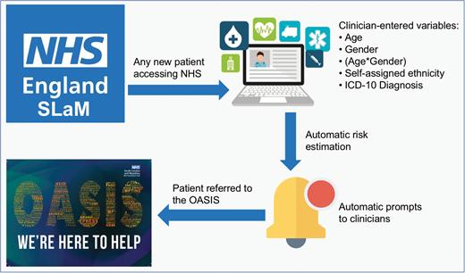 Potential clinical use of the individualized, clinically based, transdiagnostic risk calculator in secondary mental health care. For any new patient accessing the local NHS Trust (South London and Maudsley, UK) clinicians will enter the predictors on the electronic case register, as part of their clinical routine. The calculator, embedded in the electronic system, would then use the predictors to estimate the individual risk of developing psychosis over time. This information would then be shared with clinicians through automated alerts, inform their decision making and promote appropriate referrals to the local early detection clinic (OASIS3).