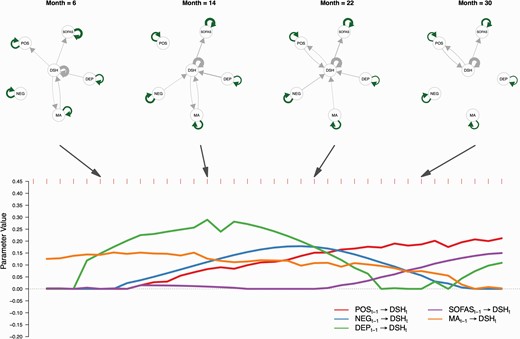 A time-varying vector autoregressive model revealed dynamic contributions of clinical information on DSH. Top panel shows lag effects among variables in selected months (6, 14, 22, and 30). Green arrows were positive parameters estimated from continuous variables while gray arrows were parameters estimated from variables containing binary values. Self-loop arrows represent autoregressive effects while direct arrows between variables represent cross-lagged effects. Bottom panel shows parameters (x-axis) of cross lagged effects from clinical information to DSH. The y-axis represents months. Note: Pos, Positive Symptoms; Neg, Negative Symptoms; Dep, Depressive Symptoms; SOFAS, Social and Occupational Functioning Assessment Scale; MA, Medication Adherence; DSH, Deliberate Self-harm.