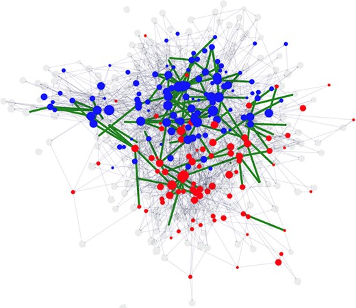 Acknowledgement network, with Chicago in Blue and Charles River in Red.