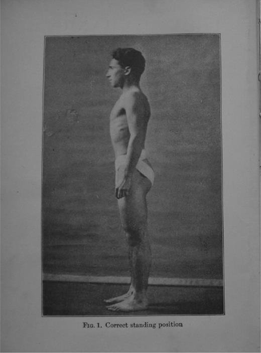  Body profiles, such as this, were often used to instruct other medical professionals, lay readers, and soldiers on how to stand properly so as to encourage arched feet rather than flat ones. Source : Reproduced from Thomas and Goldthwait 1922, front plate, opposite title page. 