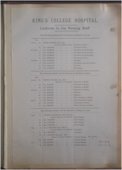 King’s College Hospital’s surgical nursing syllabus of 1893 included several lectures by Arthur Lenthal Cheatles on antiseptics. With permission of King’s College London Archives