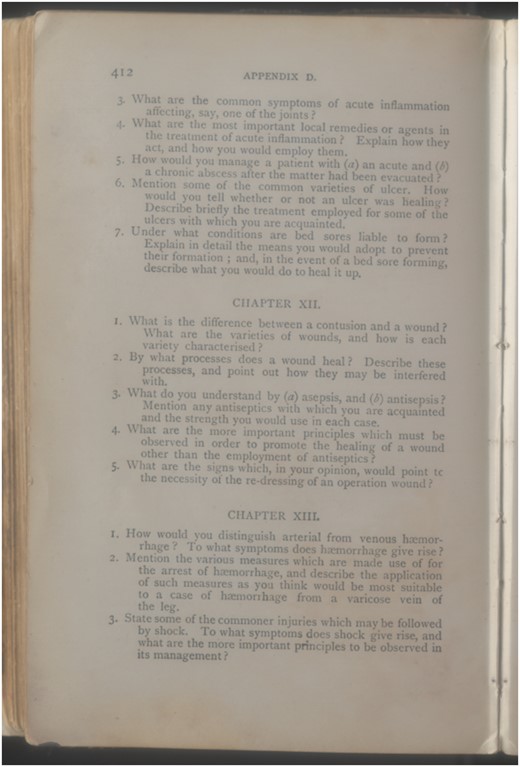 Watson’s Handbook for Nurses of 1912 included example examination questions, including those for wound sepsis. With permission of King’s College London Archives
