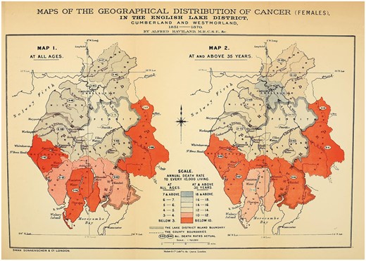 Alfred Haviland, Maps of the Geographical Distribution of Cancer (Females), In the English Lake District, Cumberland and Westmorland, 1851–1870, Wellcome Library, London