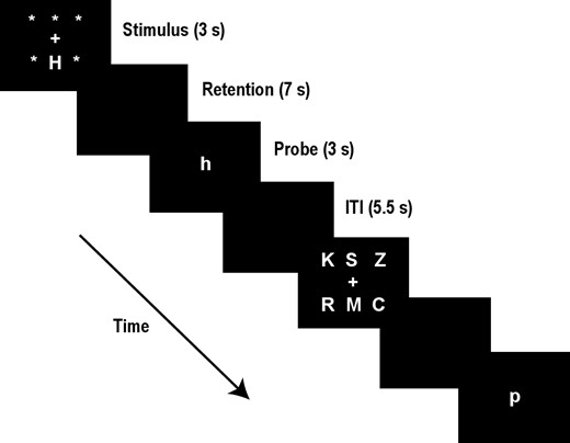 Schematic diagram of the DMS paradigm. Two trials are shown, the first with a set size of one and requiring a “yes” response, and the second with a set size of 6 and requiring a “no” response. The trial phases and their durations are listed at the right (ITI = inter-trial interval).