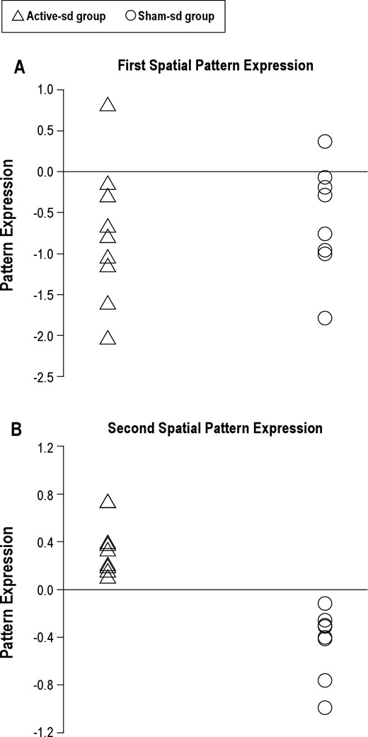 (A) The expression of the first spatial fMRI pattern for each subject in the Active-sd group is plotted on the left while the expression of each Sham-sd subject is plotted on the right. (B) Same for subject expression of the second spatial pattern.