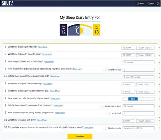 SHUTi online sleep diary data entry screen.