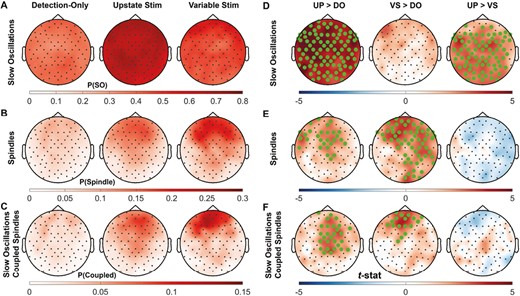 Comparisons of the probability of an oscillation 1.5 s after stimulation across conditions. Topographical map of the probability of (A) SOs, (B) spindles, and (C) SO-coupled spindles in the 1.5 s after each stimulus over each session and of the pairwise comparison t-stat between sessions (D, E, F). Electrodes with a cluster-corrected p < .05 are highlighted.