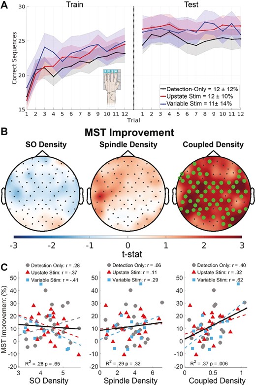 Relations of oscillation density with over-nap MST improvement. (A) Plot of correct sequences per trial averaged across participants for each condition (mean ±SE). Inset percentages show over-nap improvement (mean ± SD). (B) Topographical maps of the relation of SO, spindle, and SO-coupled spindle density (#/min) with over-nap MST improvement. Electrodes with a cluster-corrected p < .05 are highlighted. (C) SO, spindle, and SO-coupled spindle density for each participant in each condition averaged across electrodes in the significant cluster for coupled density (B) plotted against MST improvement with regression lines per condition (dashed lines) and across conditions (solid line). The r-values are based on linear regressions of oscillation density with MST improvement for each condition separately.