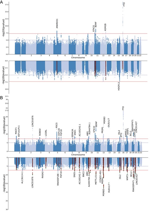 Discovery of genetic associations with sleep apnea (SA) risk. Miami plots depict the meta-analysis results for SA before and after adjusting for BMI using mtCOJO (A) or MTAG for SA plus snoring before and after adjusting for BMI using mtCOJO (B). Each dot represents a genetic variant. The x-axis represents the variant’s genomic position, and the y-axis depicts the significance of the association with SA. In the BMI-adjusted analyses, highlighted variants show the genome-wide hits of the unadjusted GWAS.