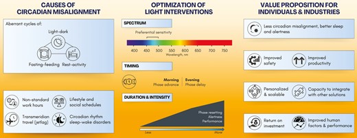 Nonstandard work hours, such as in-shift work is one of the most common causes of circadian misalignment. Sleep- and circadian-informed lighting solutions are effective but underutilized in shiftwork management. When optimized for circadian adaptation, short-wavelength enriched light can suppress melatonin, induce alertness, and induce robust phase resetting. Although there is a monotonic relationship between duration and intensity with and non-visual responses (e.g. melatonin suppression, phase resetting, and alertness), the relationship is typically nonlinear such that even short duration and moderate intensity exposures can induce larger than expected responses compared to longer duration high-intensity exposures. Guyett, Scott, and colleagues tested the use of moderate-intensity, short-wavelength enriched, longer-duration light exposure to improve circadian adaptation, sleep, and neurobehavioral performance in the context of submariner work. Optimization of lighting depends on individual differences, organizational requirements, and work environments. To enable widespread adoption and implementation, we require larger studies testing the effectiveness and documenting return on investment. Further work must consider tailoring light interventions to address individual variability and ensure scalability through integration with other health and wellness initiatives.