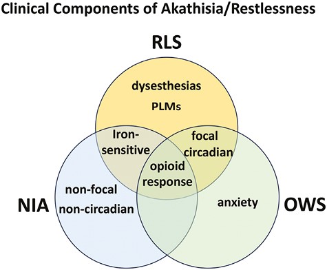 Putative representation of the distinctive and shared clinical components of akathisia/restlessness of RLS, NIA, and the opioid-withdrawal syndrome (OWS). In RLS the restlessness is generally localized in the legs (focal), while in NIA and OWS is usually more generalized (non-focal) and does not show dysesthesias. RLS has a circadian component, shared with OWS, and sensitivity to low peripheral iron levels, shared by NIA. PLMs are predominant in RLS, and an anxiety component is present in OWS. Finally, the three distinctive neuropsychiatric conditions share as a common component the therapeutic response to opioids.
