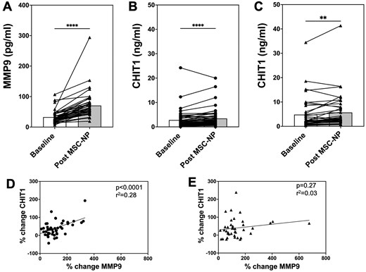 Graphs labeled A, B, and C showlevels of biomarkers MMP9 and CHIT1 before and after treatment with statistical significance. Graphs labeled D and E showcorrelations between individual biomarkers MMP9 and CHIT1 in each of the 2 trial groups with statistical analysis.