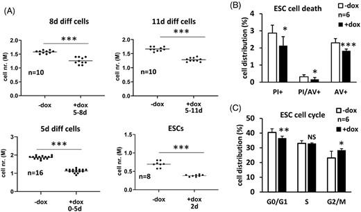 Impact of Zbtb46 on cell number, cell death, and cell cycle progression. A, Scatter plots show reduced cell numbers in different developmental stages upon introduction of Zbtb46. Numbers represent absolute cell counts per well in a six-well culture plate. Zbtb46 was induced for the indicated time period. B, Effect of Zbtb46 on cell death was assessed using costaining of AV and propidium iodide (PI) and quantified with flow cytometry. Transgene was induced for 72 hours using the Zbtb46-expressing C4 ESCs. Average and SD values were calculated from six independent experiments. C, Distribution of cell cycle compartments (G1/G0, S, and G2/M) was quantified with PI staining with permeabilized cells and measured on flow cytometer. Zbtb46 was induced for 72 hours testing the Zbtb46-inducible C4 ESCs. Average and SD values were calculated from six independent experiments