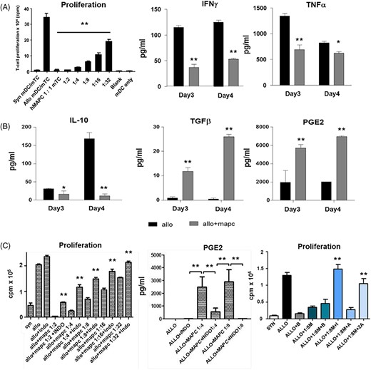 PGE2 and immune modulatory effects of multipotent adult progenitor cells (MAPCs) on T-cell alloreactivity in vitro. MLCs were prepared as described using increasing mixed T-cell (mTC) to MAPC ratios. A, MAPCs inhibit murine T-cell alloreactivity in a dose-dependent fashion and associate with reductions in the inducible cytokines TNFα and IFNγ. B, MAPC-mediated suppression of in vitro mTC proliferation is associated with reductions of interleukin (IL)-10 levels and significant increases in PGE2 and TGFα production. C, Effects of MAPC-mediated suppression of TC alloreactivity are both COX- and EP2-dependent. B6 splenic mTCs were co-cultured with syngeneic (B6) and allogeneic (B6D2F1) splenic-derived dendritic cells (DCs) in the presence or absence of MAPCs. Indomethacin (IM, 1 μg/mL) the EP2 antagonist, PF-04418948 (PF, 2 μg/mL), the EP2 agonist, butaprost (BT, 2 μg/mL), or diluent were added to wells at defined MAPC-to-mTC ratios and proliferation was measured at 72 hours. Proliferation and cytokine secretion were measured in triplicate. Data are expressed as means ± SEM from one of three independent experiments (*P < .05 and **P < .01 for indicated comparisons by Mann-Whitney test). MAPC, multipotent adult progenitor cell; ML, mixed leukocyte cultures