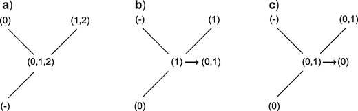 Second uppass procedures. If a node’s ancestor is inapplicable, its state requires no further modification (a). If a node contains applicable tokens and its ancestor has no states in common with its applicable descendant(s), the ancestral states are added to to the node’s (b); but if its ancestor and descendants do have states in common, these common states become the node’s states (c).