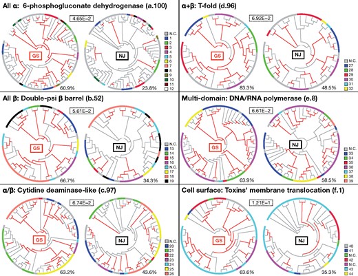 Application of the GS method to protein superfamily data sets obtained from the SCOPe database. Phylogenetic trees of six protein superfamilies were reconstructed using both the GS and NJ$_{{\rm MSA}\_{\rm p}}$ methods. The red branches of the GS and NJ trees are those supported by large EP ($\ge $0.9) and bootstrap ($\ge $0.8) values, respectively. The outer circles represent SCOP concise classification strings (functional classes) according to the color legend on each right side (for description, see Supplementary Table S1 available on Dryad). A number in a dotted box indicates an average sequence similarity score of each superfamily proteins. A number below each tree indicates a ratio of interior branches that are supported.