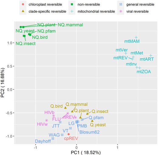 Principal component analysis of 6 nonreversible models and 25 reversible models. Each model was represented by one vector of all (400) elements of the Q matrix. The nonreversible models are grouped into one distinct cluster.