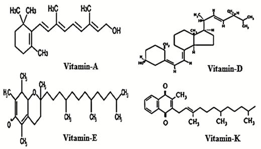 Structures of vitamins A, D, E, and K.