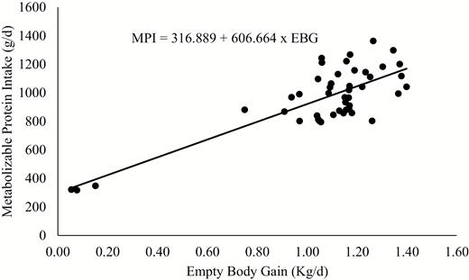 Relationship between metabolizable protein intake (MPI) and empty body gain (EBG) of young Nellore bulls.