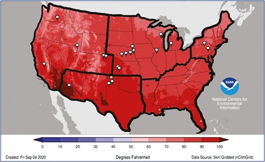 A map of the contiguous United States including the average maximum temperature during the months of June through August of 2020 (image adapted from NCEI, 2020). The dark black lines denote the regions represented in this study: Midwest (IA, IL, IN, KS, MI, MN, MO, ND, NE, OH, SD, WI), the West (CA, CO, ID, MT, NV, OR, UT, WA, WY), the Southwest (AZ, NM, OK, TX), the Southeast (AL, AR, FL, GA, LA, KY, MS, NC, SC, TN, VA, WV) and the Northeast (CT, DE, MA, ME, MD, NH, NJ, NY, PA, VT, RI). Approximate locations of plants that participated in the survey are denoted by the white location icons.