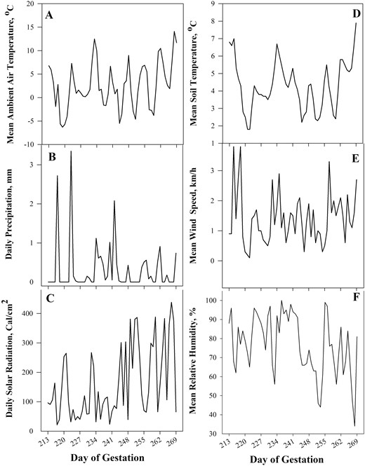 Climate variables throughout the experimental period (A–F). Mean air temperature (A; °C), daily precipitation (B; mm), daily solar radiation (C; Cal/cm2), mean soil temperature (D; °C), mean wind speed (E; km/h), and mean relative humidity (F; %) from the start of the treatment period on day 213 of gestation (January 14, 2020) to the end of the treatment period on day 269 of gestation (March 10, 2020) at the Eastern Agricultural Research Station (Caldwell, OH).