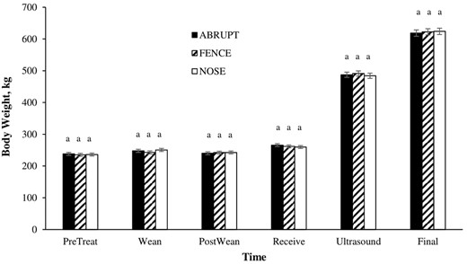 Least squares means for the interaction of weaning treatment1 by time period on BW2. 1ABRUPT (calves isolated from dams on the day of weaning), FENCE (calves separated from dams via a barbed wire fence for 7 d prior to complete weaning), and NOSE (nose-flap inserted and calves remained with dams for 7 d prior to complete weaning). 2BWs were recorded on study day −7 (PreTreat), 0 (Weaning), 7 (PostWean), 26 (Receive), 175 (Ultrasound), and 238 or 268 (Final). abBars within each time point lacking a common superscript differ (P ≤ 0.05).
