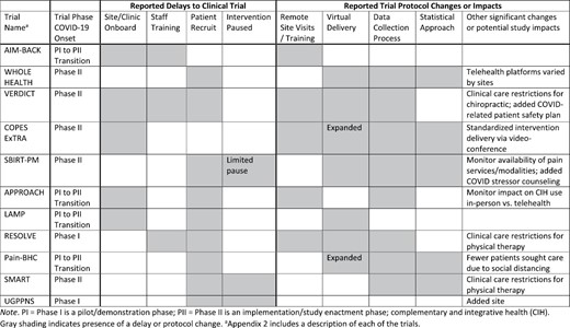 Reported trial delays and protocol changes in pragmatic clinical trials of nonpharmacological approaches to pain management