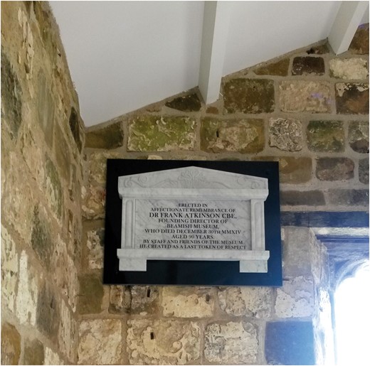 Plaque in memory of Frank Atkinson (1924–2014), situated inside a reconstructed Georgian church at the Beamish Living Museum of the North, 2015 (image copyright of author).