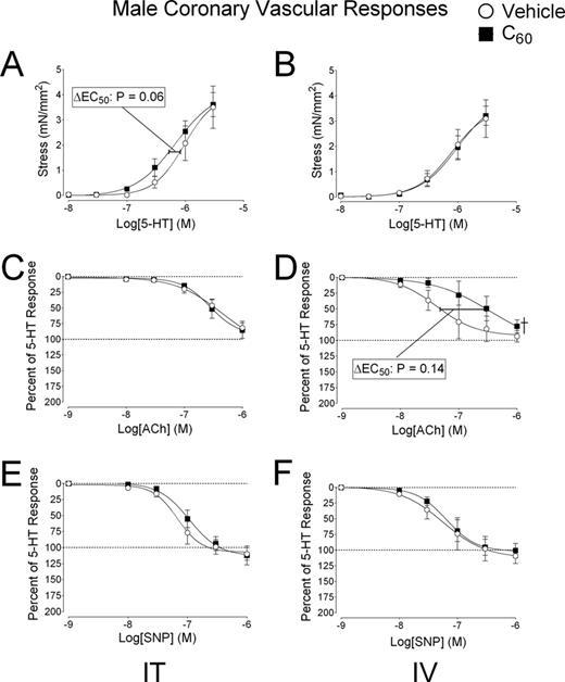 Experimental coronary artery pharmacology in male rats. Segments of the coronary artery (LAD) were isolated from male rats 24 h following intratracheal (IT) or intravenous (IV) delivery of C60 or vehicle. (A) Cumulative concentration-response curves for serotonin (5-HT) revealed a trend for sensitized vascular smooth muscle contraction in coronary arteries from IT C60 exposed rats, which were not seen following IV delivery of C60. (B) Cumulative concentration-response curves for 5-HT in coronary artery smooth muscle of LAD segments isolated from IV exposed rats. (C) Cumulative concentration-response curves for ACh showed no changes following IT exposure. (D) The IV C60 ACh curve was rightward shifted compared with the vehicle curve. (E) Cumulative concentration-response curves for SNP were similar between vehicle and C60 groups following IT exposure and IV exposure. (F) Cumulative SNP concentration-response curves from LAD isolated from IV exposed rats. †p < 0.05 by regression analysis of best-fit curve values. Reported p-values for ΔEC50 were determined by t-test, N = 4–5.