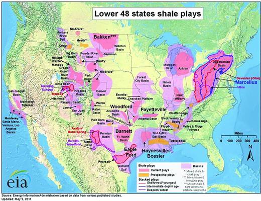 Shale drilling areas in the lower 48 states.
