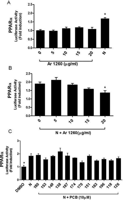 Aroclor 1260 activation of the human PPARα. HepG2 cells were transiently transfected with the expression plasmid pCMV6-hPPARα and reporter plasmid pGL3-DR1-Luc. Nafenopin (N; 50μM) was used as a positive control. (A) Cells were exposed to Aroclor 1260 at 0, 5, 10, 15, and 20 μg/ml and luciferase induction was normalized and compared with DMSO-exposed cells (0 μg/ml Aroclor 1260). (B) Cells were exposed to 50μM N or N plus Aroclor 1260 at 0, 5, 10, 15, and 20 μg/ml. The luciferase induction was normalized to that of cells exposed only to DMSO solvent carrier (as in (A), not shown). Luciferase activity in cells exposed to N and Aroclor 1260 was compared with that of N-exposed cells. (C) Cells were exposed to selected PCB congeners (10μM) present in Aroclor 1260 and the induction was compared with DMSO-exposed cells. N (50μM) was used as positive control. Data were normalized to luciferase activity in cells exposed only to DMSO and are expressed as mean ± SEM, n = 4, *p < 0.05.