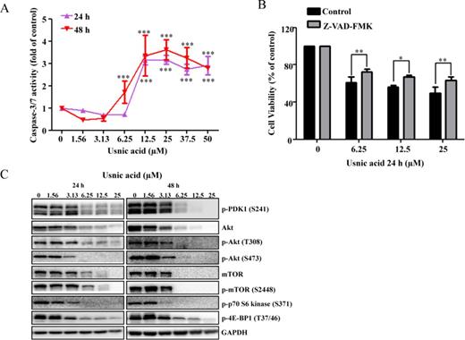 Effect of usnic acid on apoptosis and AKT/mTOR. (A) Cellular caspase-3/7 activity was expressed as fold change compared with DMSO control cells (***p < 0.001). (B) HepG2 cells were pretreated with 10μM Z-VAD-FMK, general caspase inhibitor, for 1 h prior to treatment of usnic acid for 24 h, and then the cell viability was determined. (C) Total cell lysates were isolated at 24 and 48 h after usnic acid treatment. The expression levels of proteins of AKT signaling pathway including p-PDK1 (S241), Akt, p-Akt (T308), p-Akt (S473), mTOR, p-mTOR (S2448), p-p70 S6 kinase (S371), and p-4E-BP1 (T37/46) were determined by Western blotting. GAPDH was used as internal control.