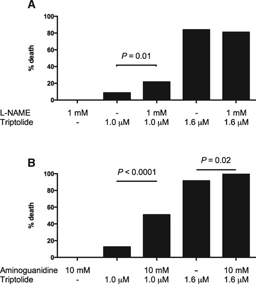 Effect on mortality of co-treatment with (A) L-NAME or (B) aminoguanidine. Three-dpf old larvae were exposed for 24 h to triptolide and/or the NOS inhibitor indicated. Each dose was tested on at least 60 larvae. Mortality was assessed blinded to the treatment groups. Fisher’s exact test was used for statistical differences between groups.