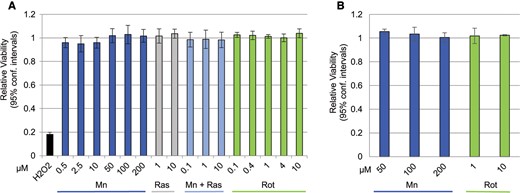 Manganese or rotenone exposures used in this study do not result in loss of neuronal viability. A, Except for H2O2 (1 mM), none of the compounds applied to the neurons in the DCF assay caused loss of neuronal viability under the conditions and in time frame used in the assay. Mean and 95% confidence intervals are shown, n= 6–24. B, The 24-h exposures to manganese or rotenone at the concentrations used in any of the experiments described below do not result in loss of neuronal viability. Means and 95% confidence intervals are shown, n = 3.