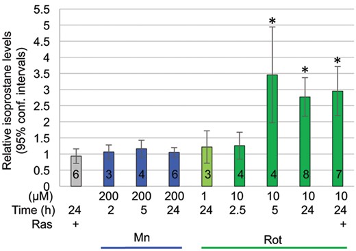 Isoprostane levels in days 26–29 DA neurons are elevated by rotenone, but not manganese. Rotenone, but not manganese caused a concentration and time dependent increase in cellular isoprostane levels. Rasagiline did not inhibit rotenone-induced isoprostane formation. Three cell lines from 3 different control subjects were assessed. Mean and 95% confidence intervals are shown; number of experiments is indicated by the black numbers in the according bars.